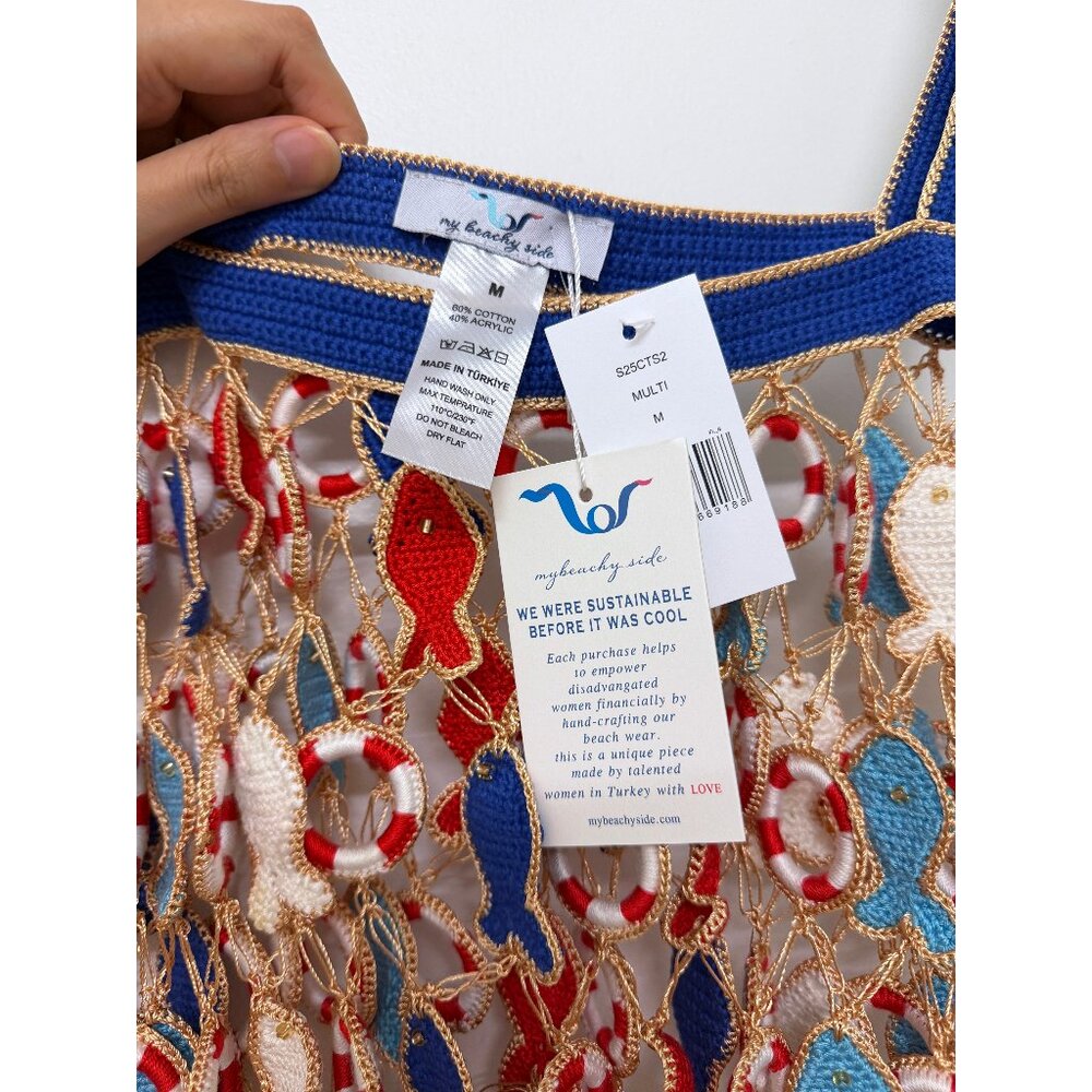 NWT My Beachy Side Poisson Knit Crochet Tank Top Blue Fish Nautical Inner Tube M - Picture 4 of 11